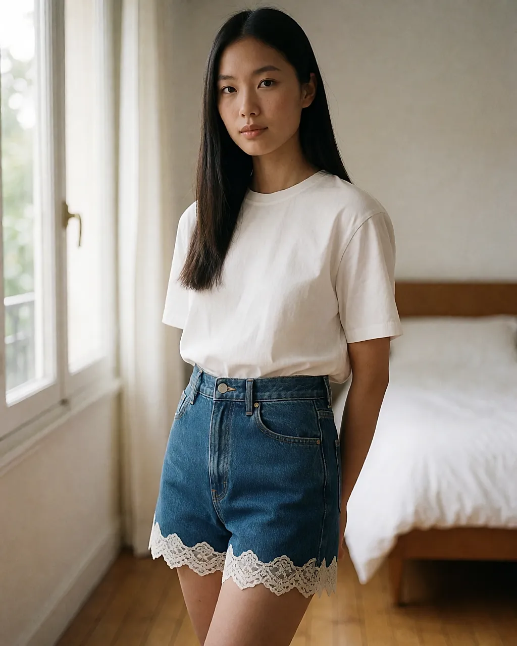 Short de jean de talle alto con un borde de encaje fino color marfil, combinado con una camisa blanca