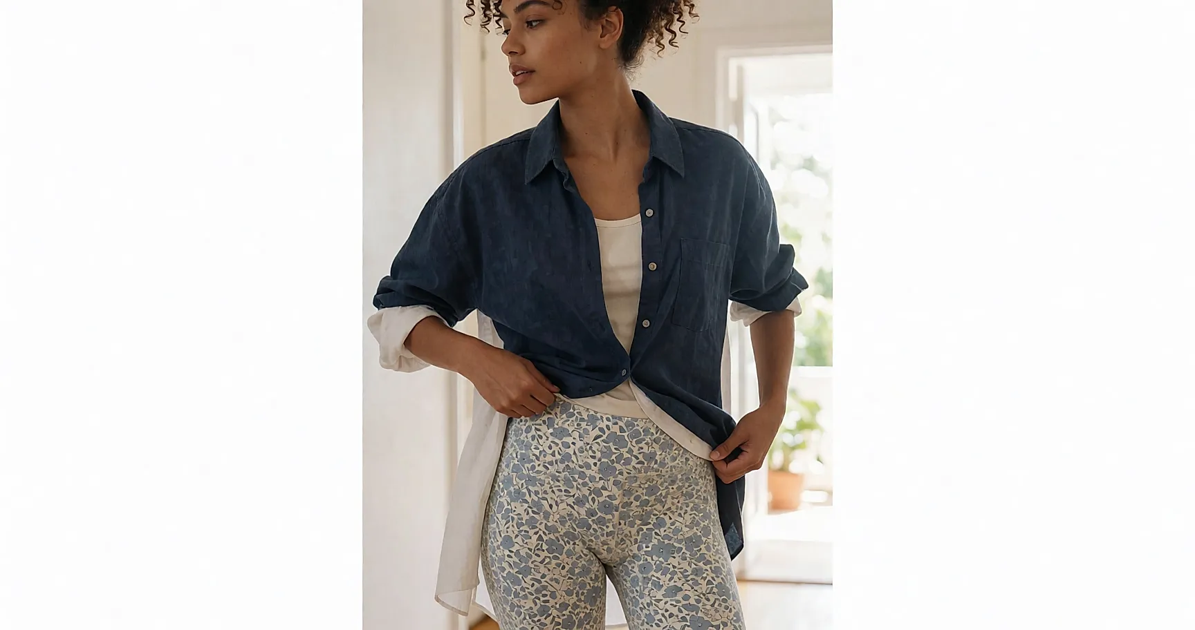 Short ciclista floreado de pequeño motivo azul llevado bajo una camisa blanca oversize