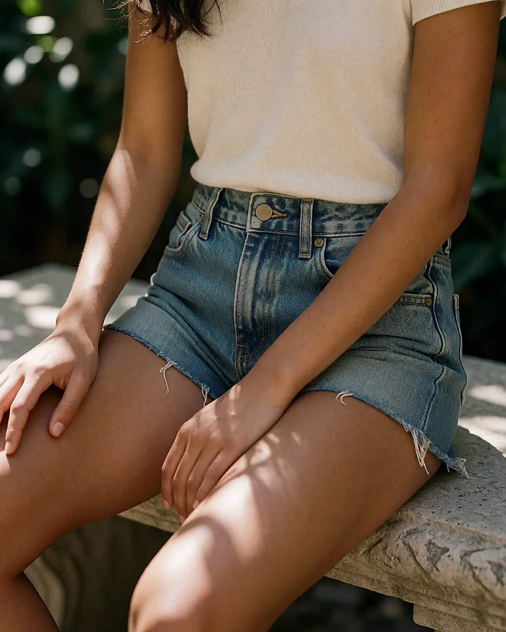 Mini short de denim desgastado, cinturón de piel y bajo deshilachado, llevado sentada
