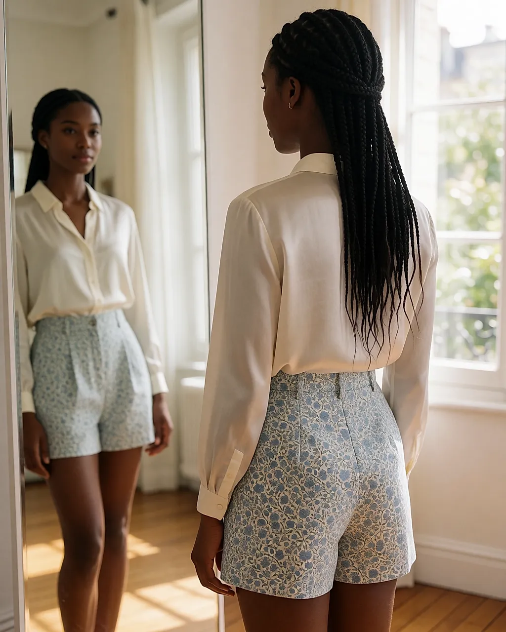 Short de algodón con un motivo floral muy pequeño, visto de espaldas en un probador