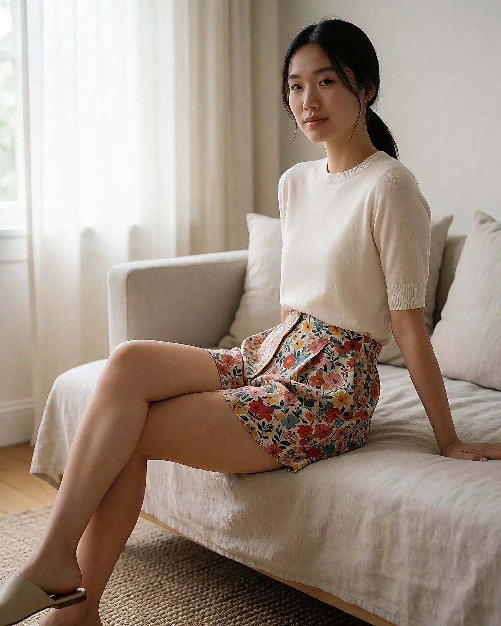 Short fluido de viscosa estampada con flores, talle alto, llevado sentada