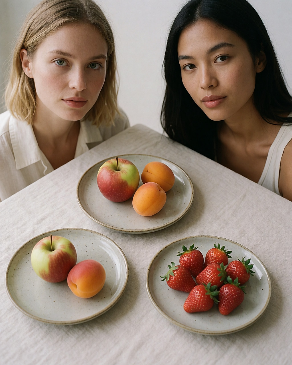Trois petites assiettes avec une portion de fruits chacune : pomme, abricots, fraises