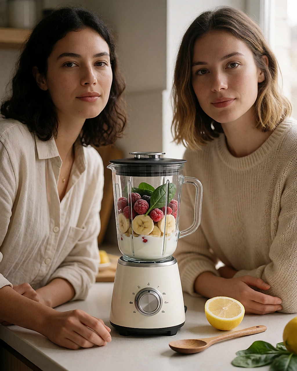 Blender rempli de banane, fruits rouges, épinards et yaourt sur un plan de travail