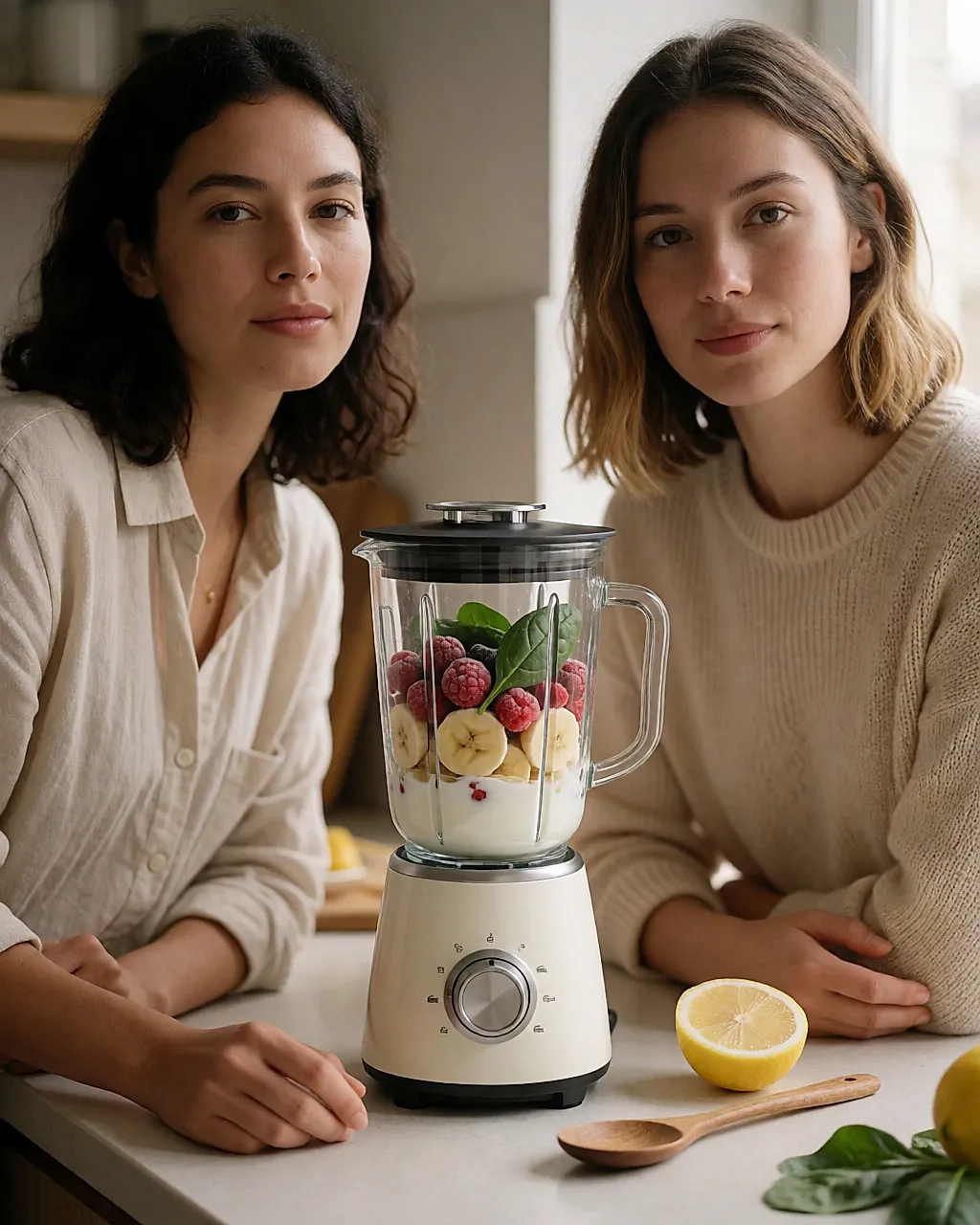 Mixer mit Banane, Beeren, Spinat und Joghurt auf einer Arbeitsfläche