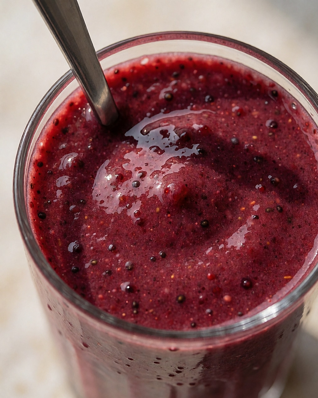 Gros plan sur la texture épaisse d'un smoothie aux fruits rouges, pulpe et fibres visibles