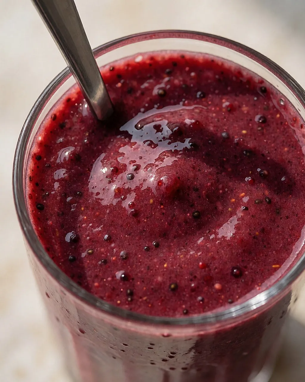 Nahaufnahme der dicken Textur eines Beeren-Smoothies, Fruchtfleisch und Ballaststoffe sichtbar