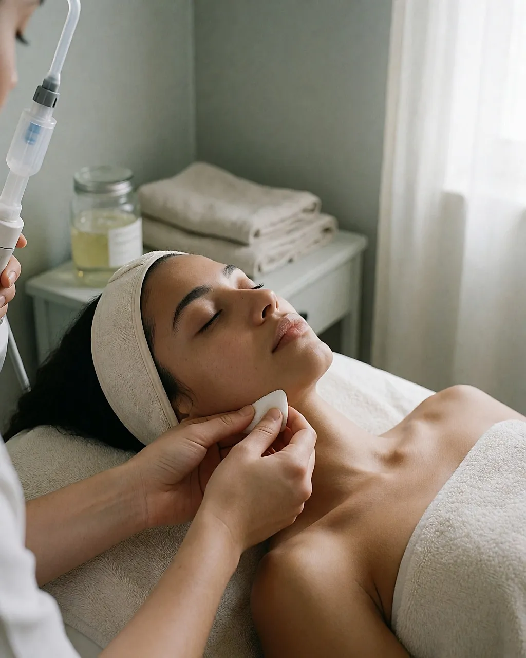 Limpieza de cutis en el centro de estética: vapor fino sobre el rostro de una joven tumbada, algodón desmaquillante