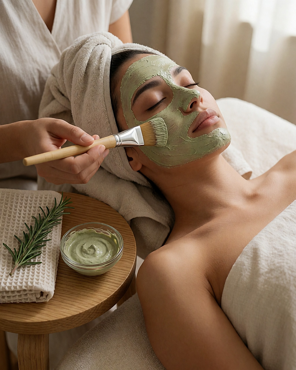 Masque à l'argile verte appliqué au pinceau de bambou sur un visage allongé, bol en verre et romarin