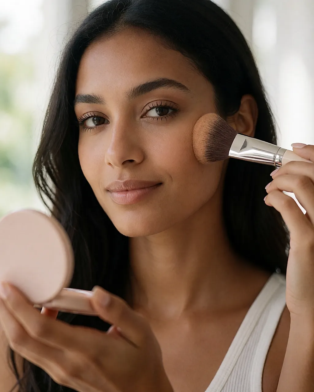 Bronzing-Puder wird mit dem Pinsel auf die Wangenknochen einer jungen Frau aufgetragen