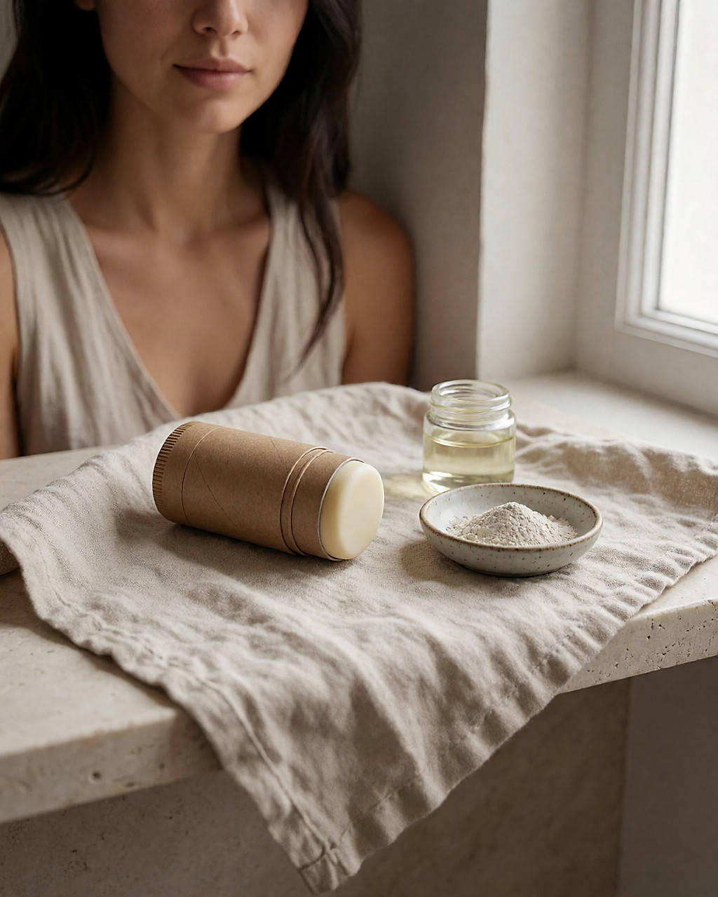 Solid deodorant in a kraft tube on linen cloth, white clay dish