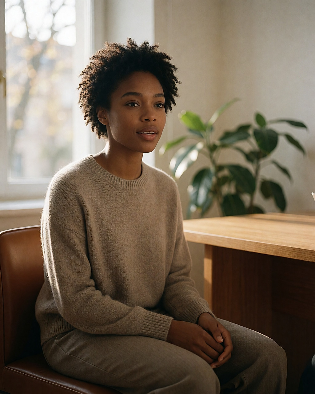 Young woman sitting in a bright consulting room, hands resting on her knees, soft light