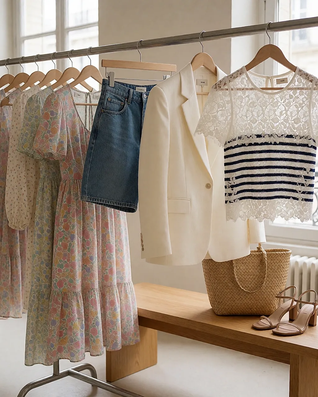 Lookbook de la colección primavera-verano de Maje con vestidos florales, denim y blazer crema