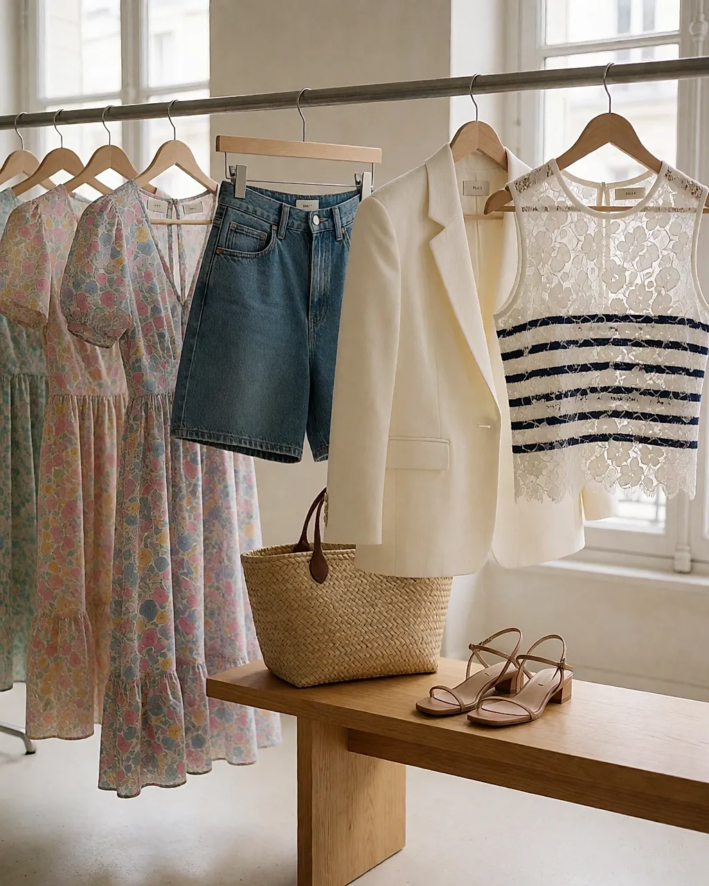 Lookbook de la colección primavera-verano de Maje con vestidos florales, denim y blazer crema
