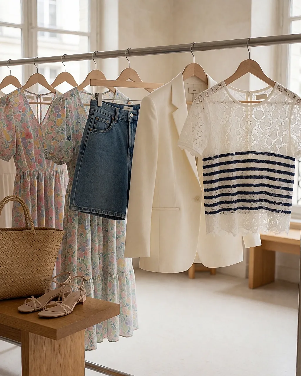 Lookbook de la colección primavera-verano de Maje con vestidos florales, denim y blazer crema
