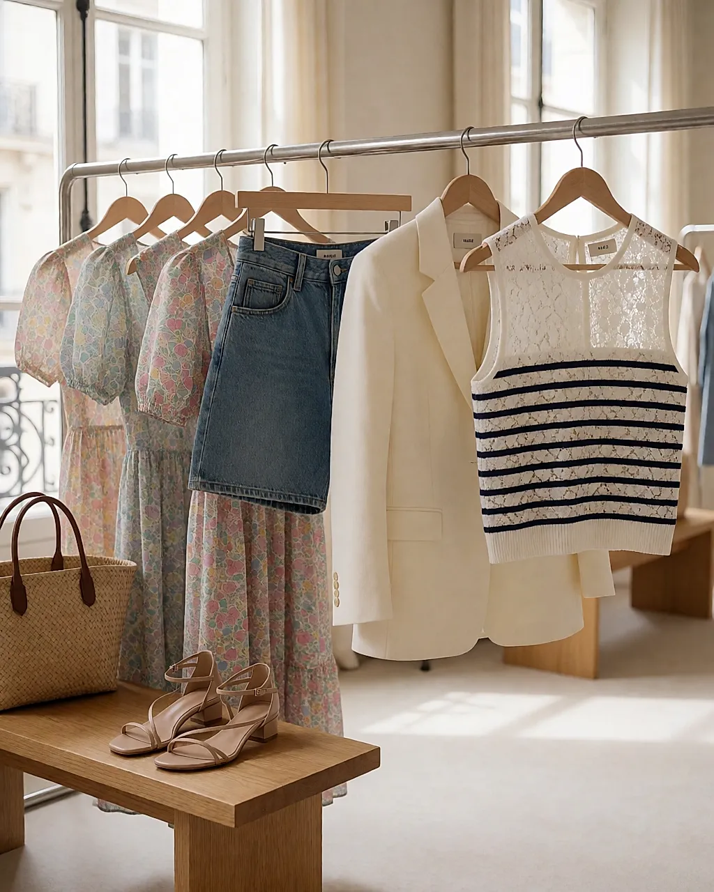 Lookbook de la colección primavera-verano de Maje con vestidos florales, denim y blazer crema