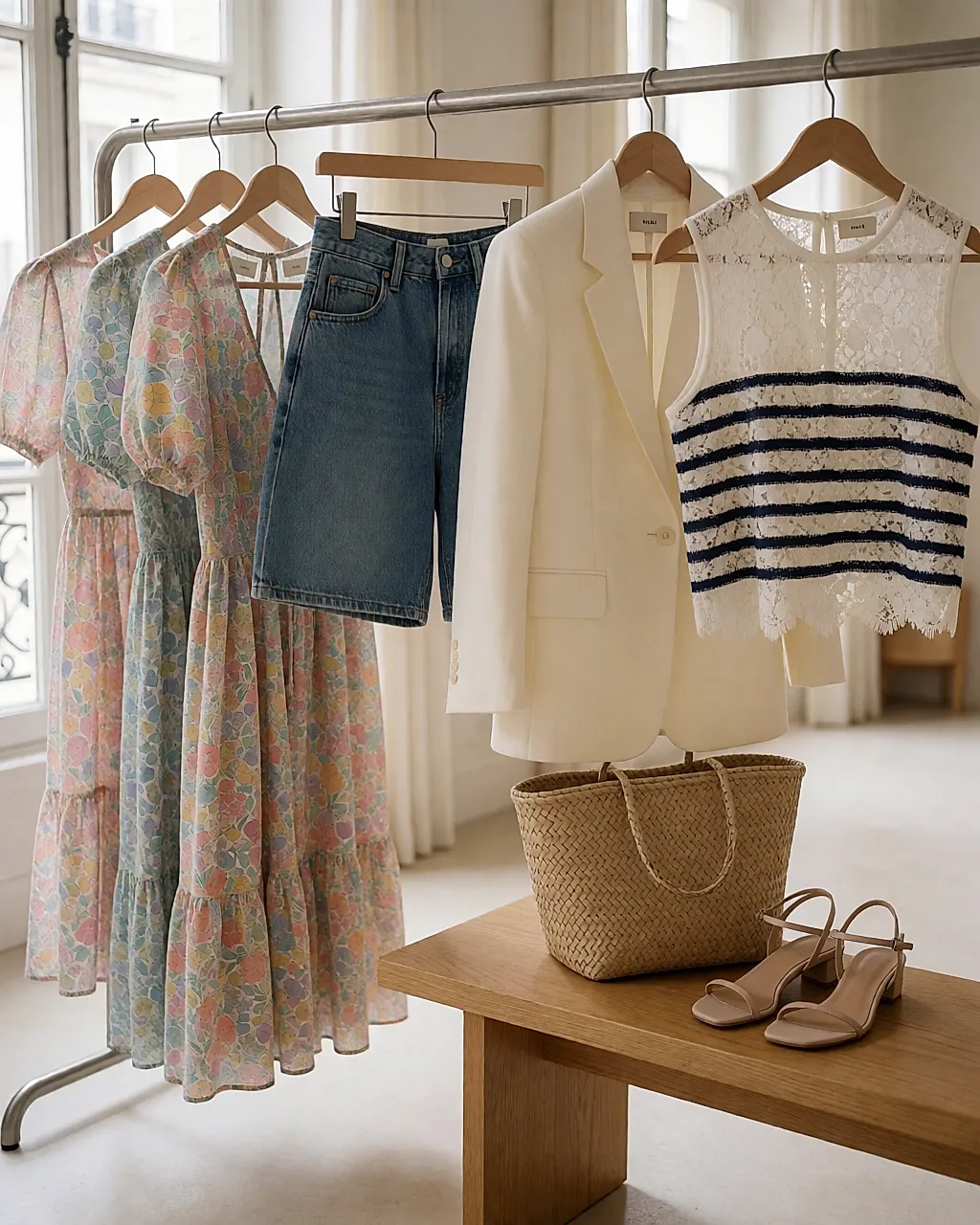 Lookbook de la colección primavera-verano de Maje con vestidos florales, denim y blazer crema