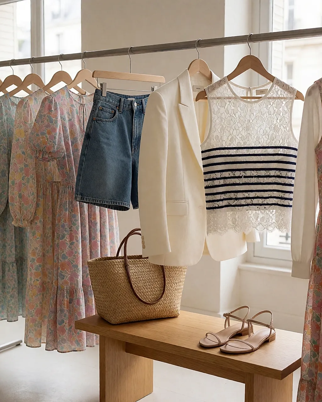 Lookbook de la colección primavera-verano de Maje con vestidos florales, denim y blazer crema