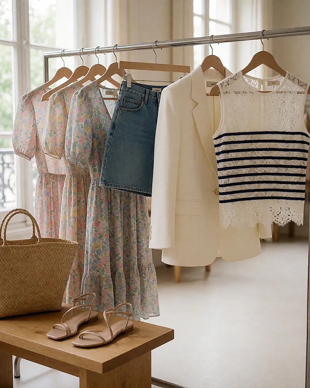 Lookbook de la colección primavera-verano de Maje con vestidos florales, denim y blazer crema