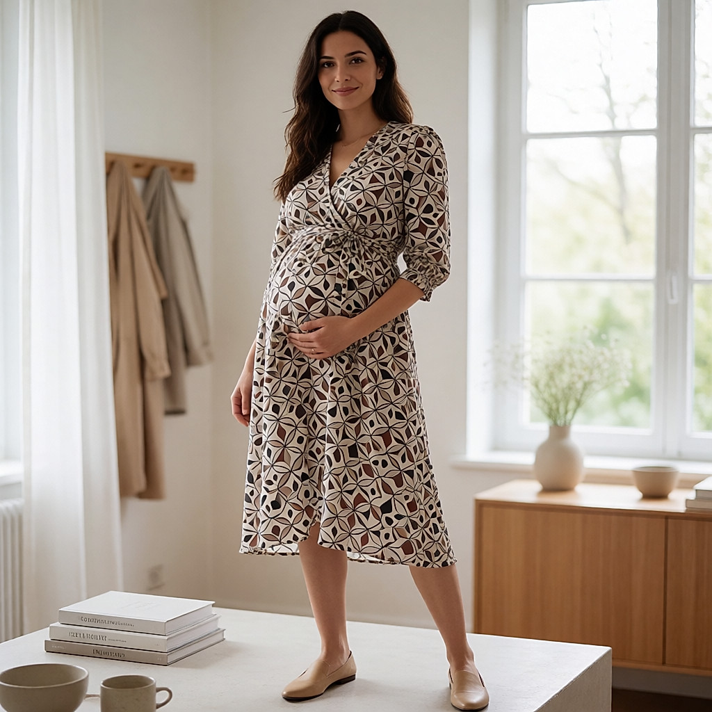 Una mujer embarazada en una tienda de moda de maternidad contemporánea