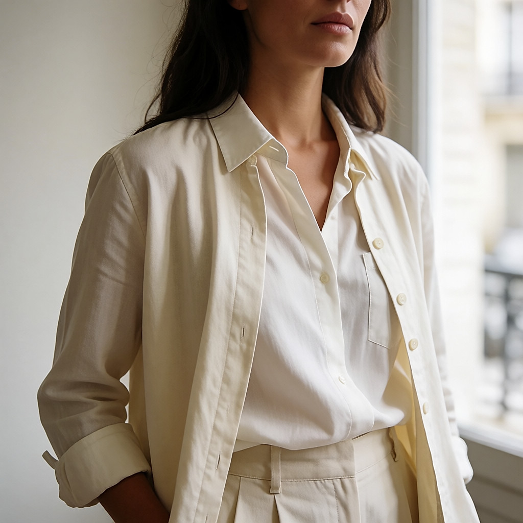 Camisa suave de algodón llevada abierta sobre un top fino