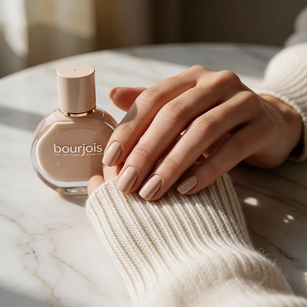 Main aux ongles courts laqués d'un nude beige brillant, posée sur la manche d'un pull en maille crème