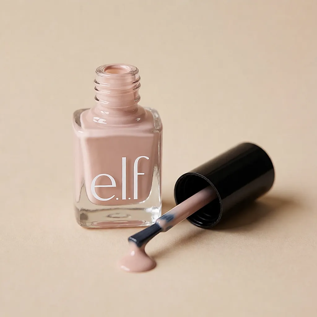 Flacon de vernis nude laiteux ouvert, pinceau posé à côté sur une surface beige, en gros plan