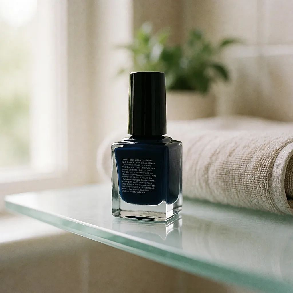 Un flacon de vernis bleu nuit presque noir, sa liste d'ingrédients imprimée en petits caractères