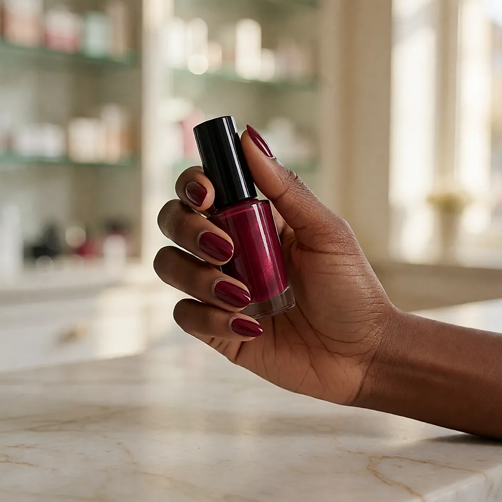 Une main tient un flacon de vernis noir cerise aux reflets rubis au-dessus d'un comptoir