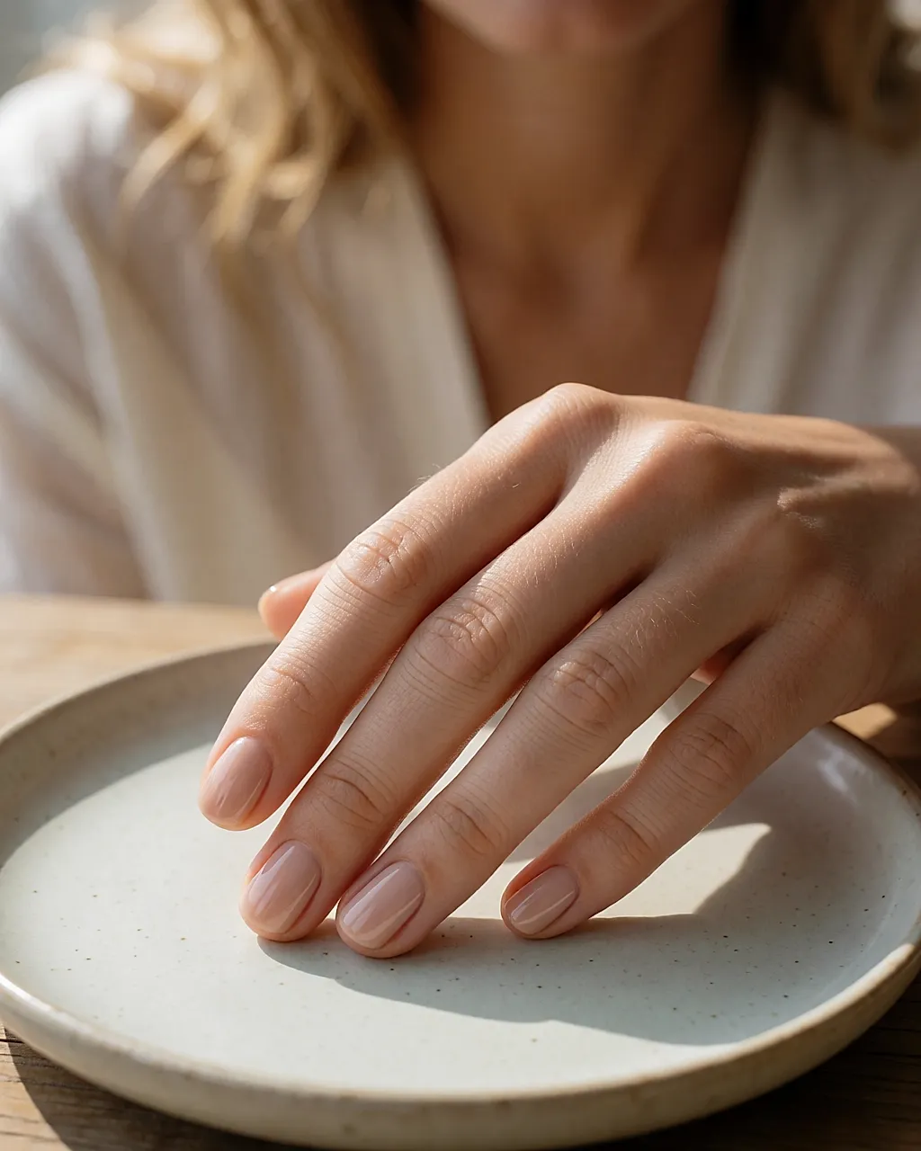 Main aux ongles courts vernis d'un beige rosé brillant, posée sur une coupelle