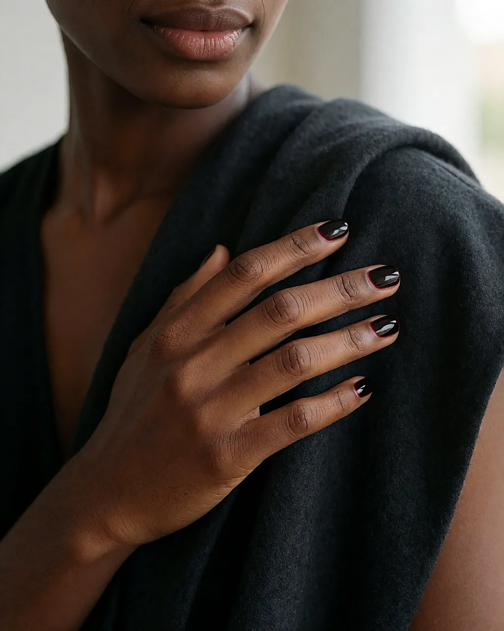 Main aux ongles courts vernis d'un rouge noir profond brillant