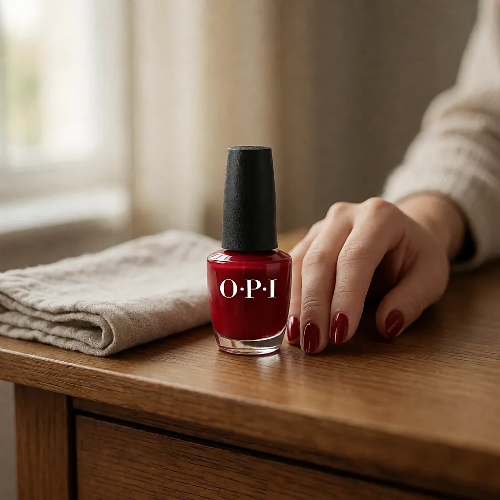 Un flacon de vernis rouge cerise au capuchon noir posé sur une coiffeuse en bois clair, main aux ongles assortis