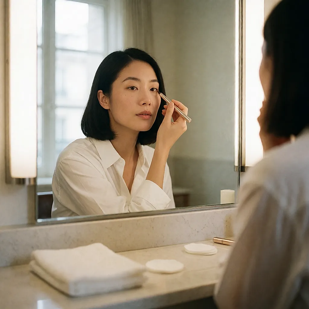 Une femme dessine au crayon prune un trait le long de ses cils supérieurs devant un miroir de loge