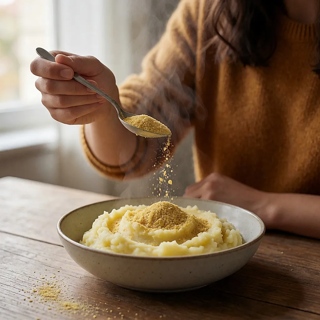 Une main saupoudre des flocons de levure nutritionnelle dorés sur un bol de purée fumante