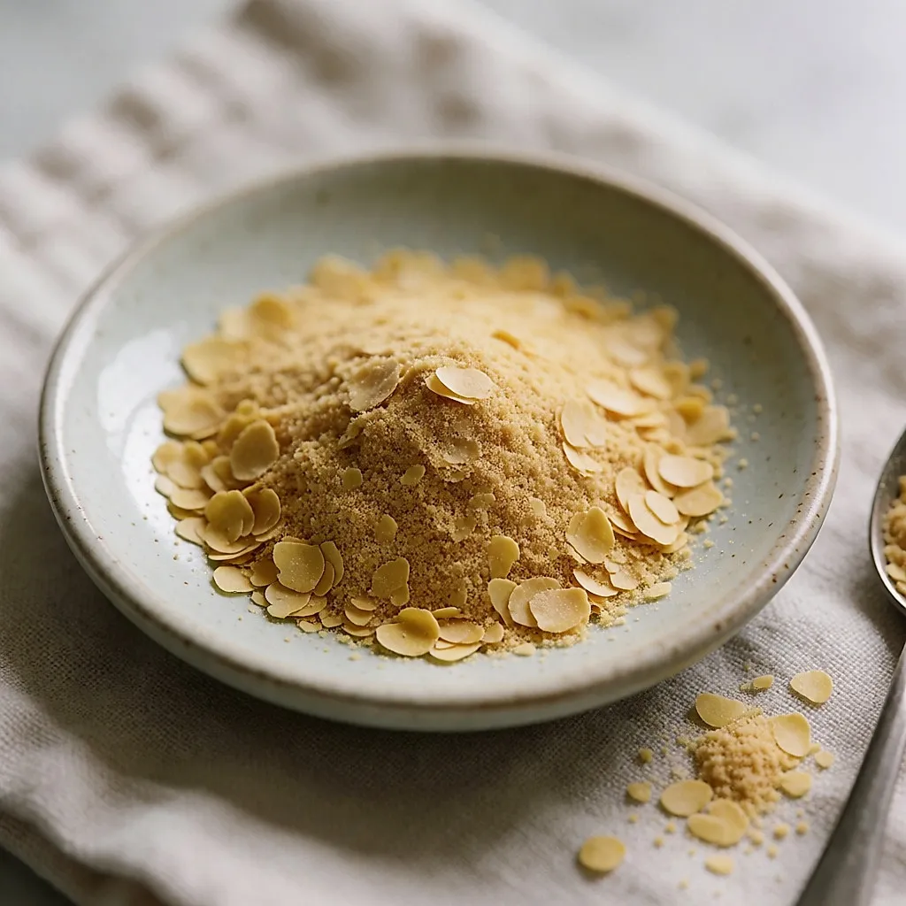 Gros plan sur la texture de flocons de levure nutritionnelle dorés dans une petite coupelle en céramique