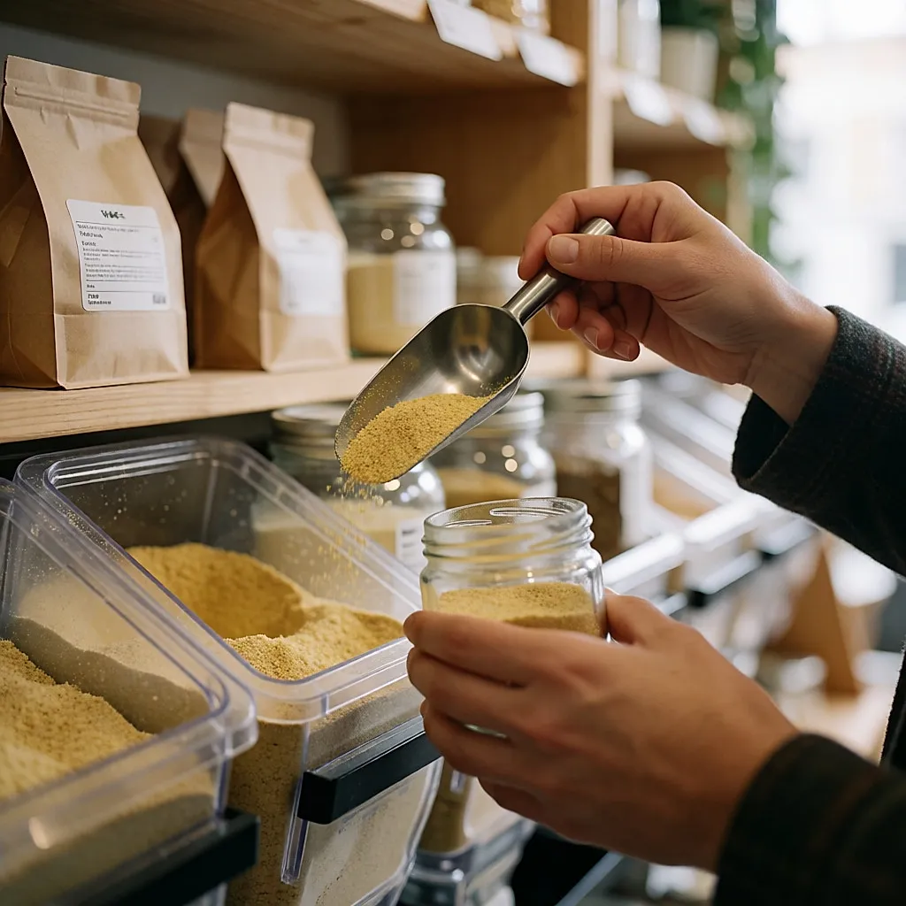 Une main remplit un bocal en verre de flocons de levure nutritionnelle au rayon vrac d'un magasin bio