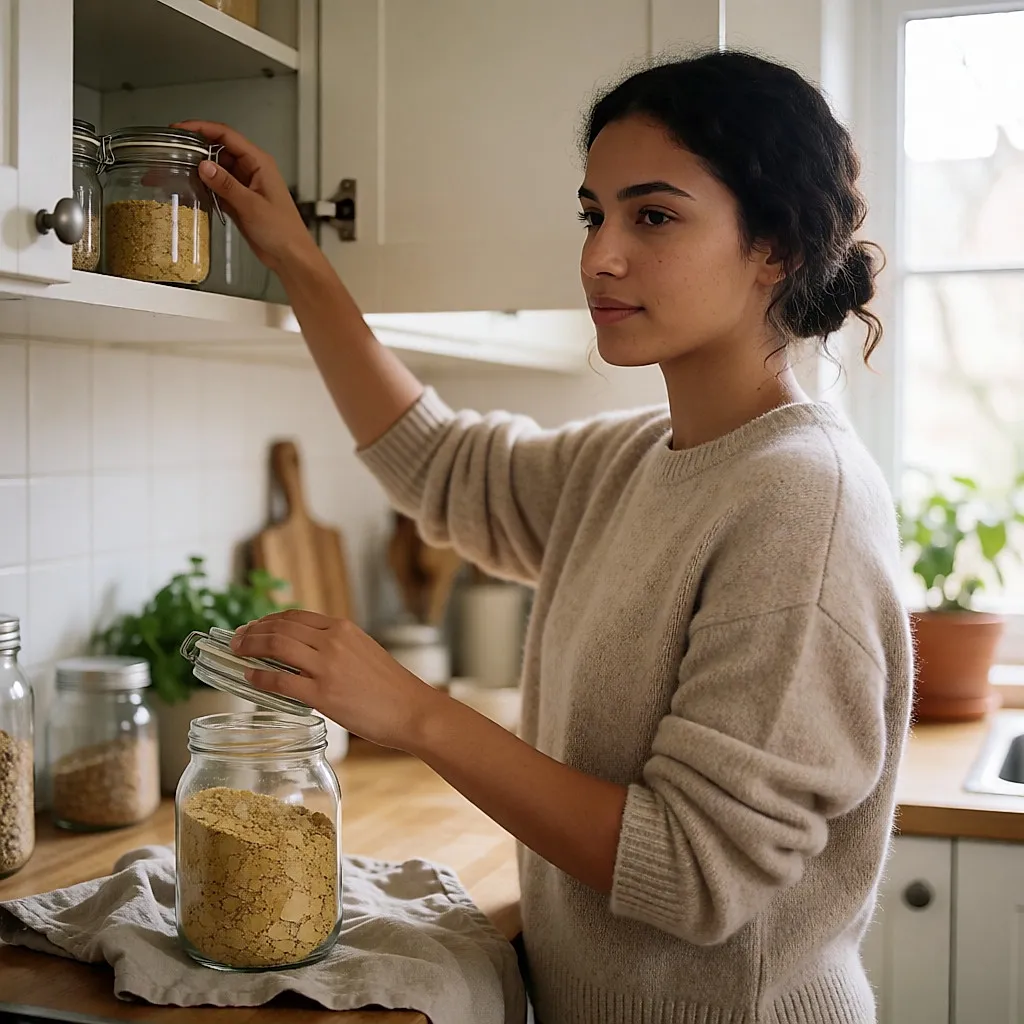 Une jeune femme referme un bocal de levure nutritionnelle dans une cuisine lumineuse