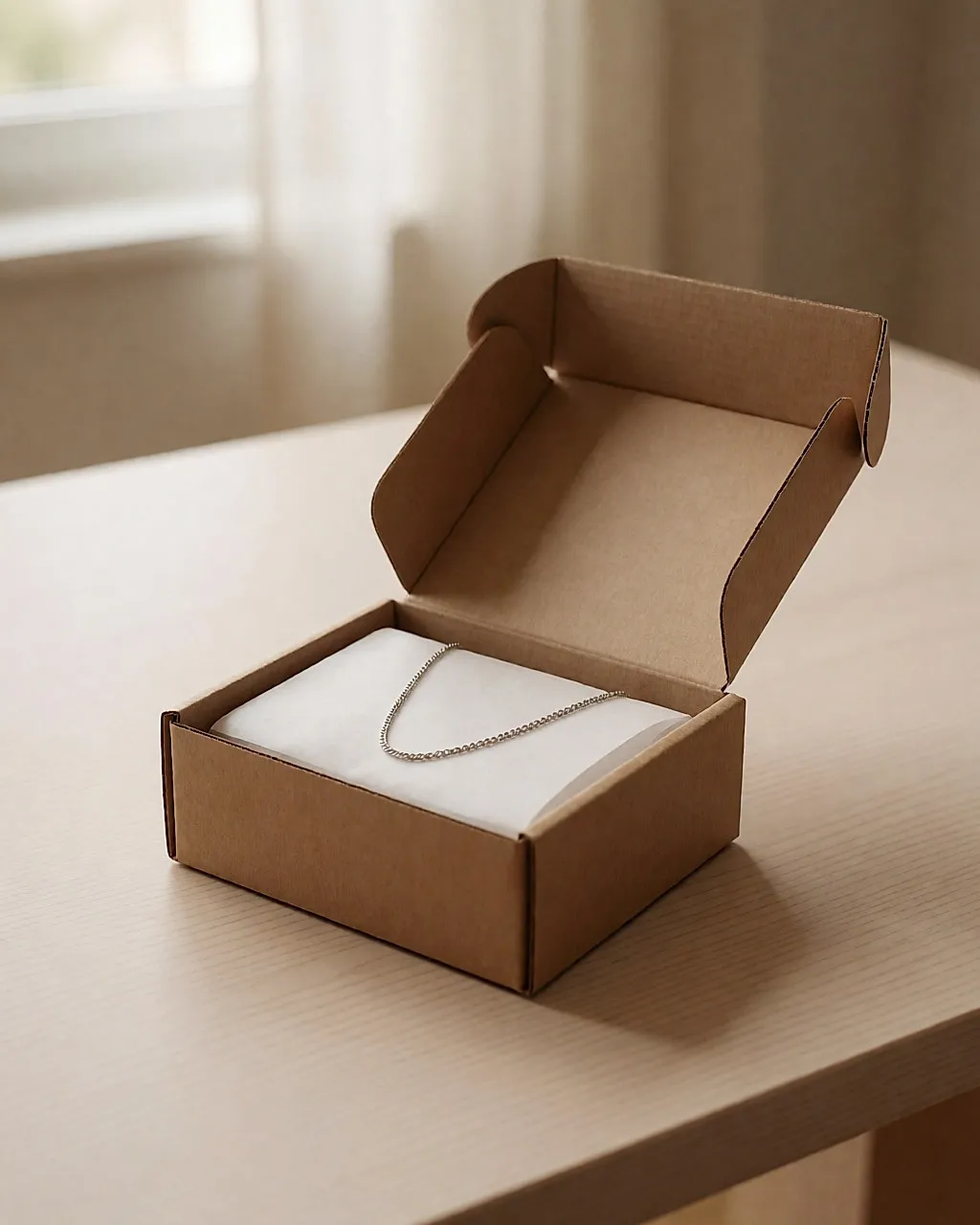 Small opened parcel with tissue paper and a silver chain on a wooden table