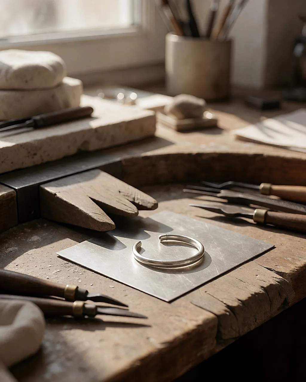 Jeweller's workbench with silver, tools and a bracelet being finished