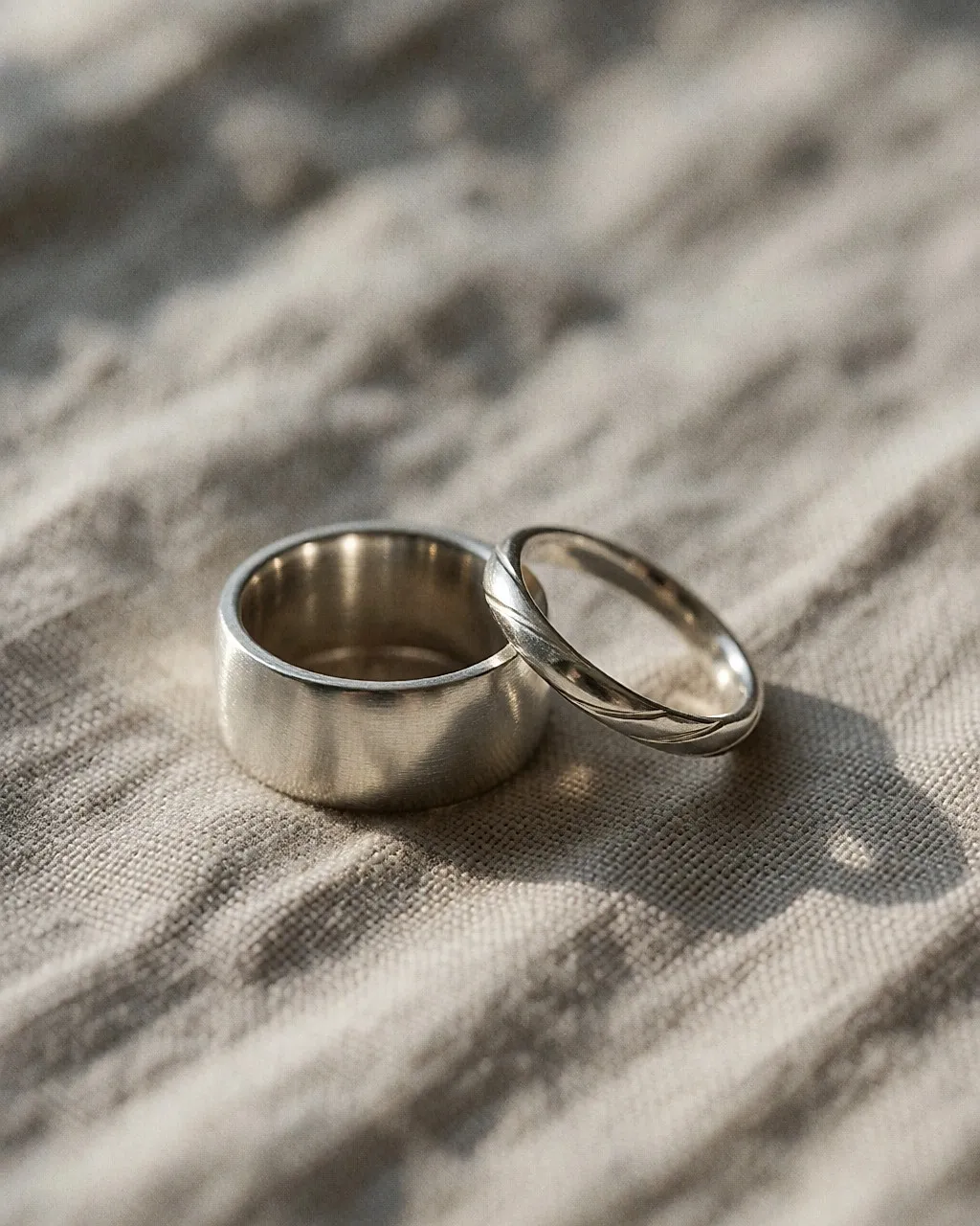 Two solid silver rings, one wide and one fine, resting on grey linen