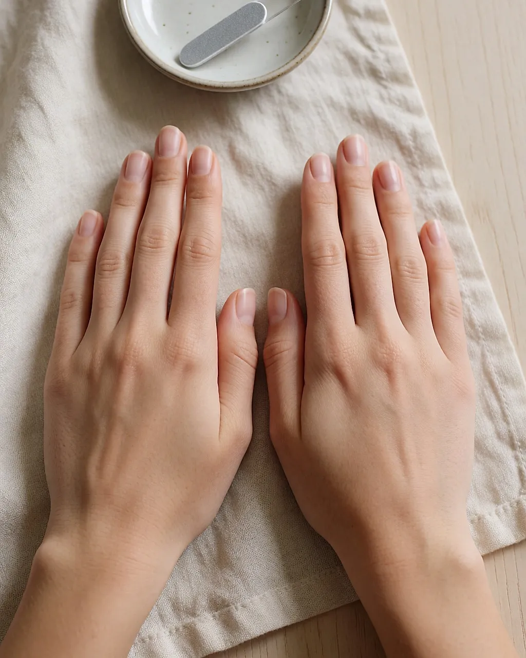 Deux mains aux ongles limés en carré légèrement arrondi reposent sur du lin clair