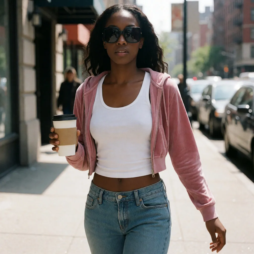 Young Black woman in a 2000s outfit, low-rise jeans and square sunglasses, on the street