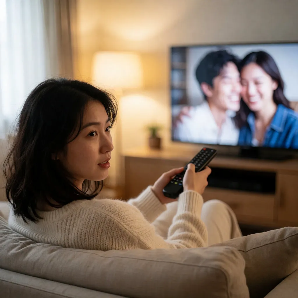Young Asian woman on a sofa, remote control in hand, watching a film