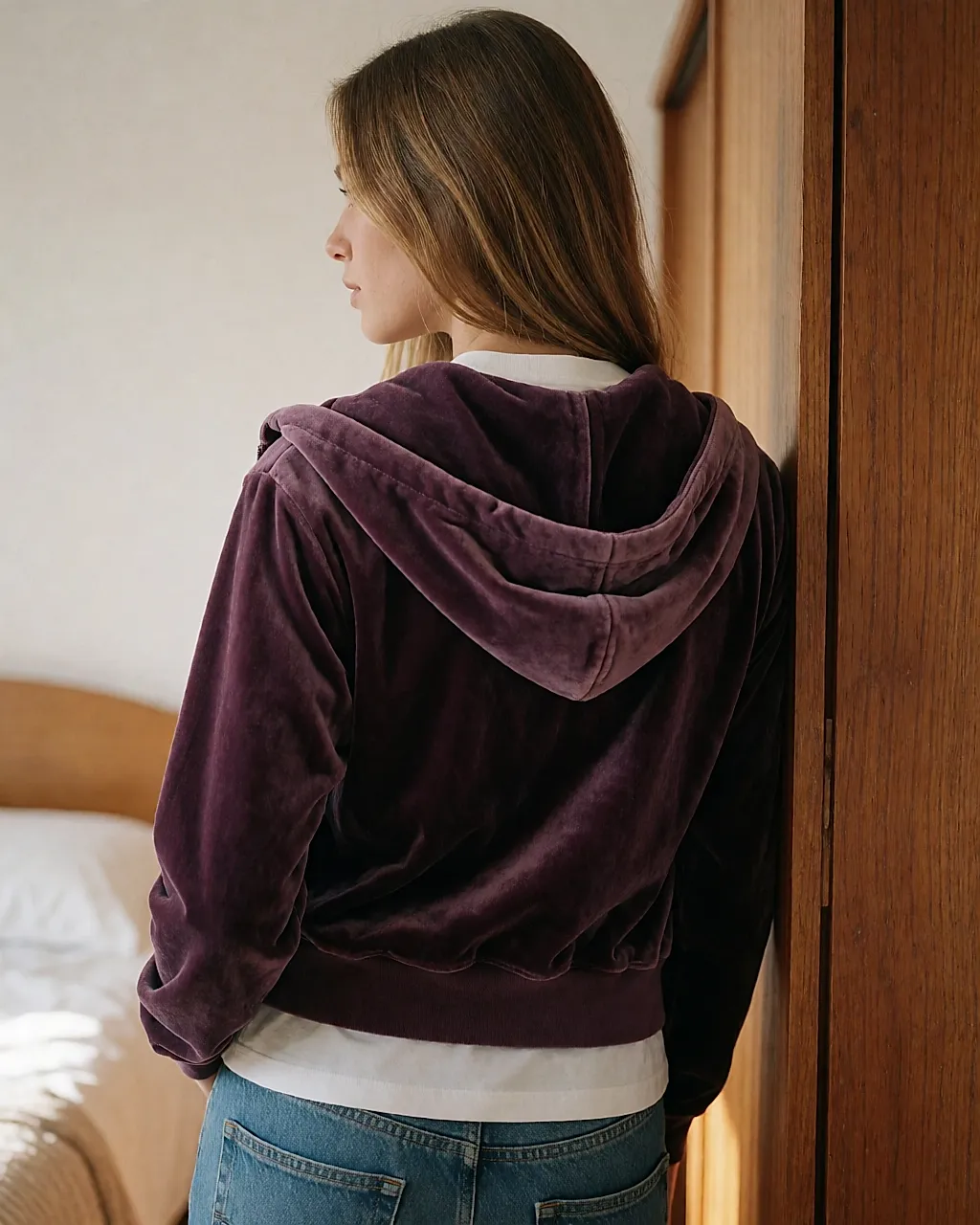 Back view of a young woman in a plum velour sweatshirt and low-rise jeans in a bright room