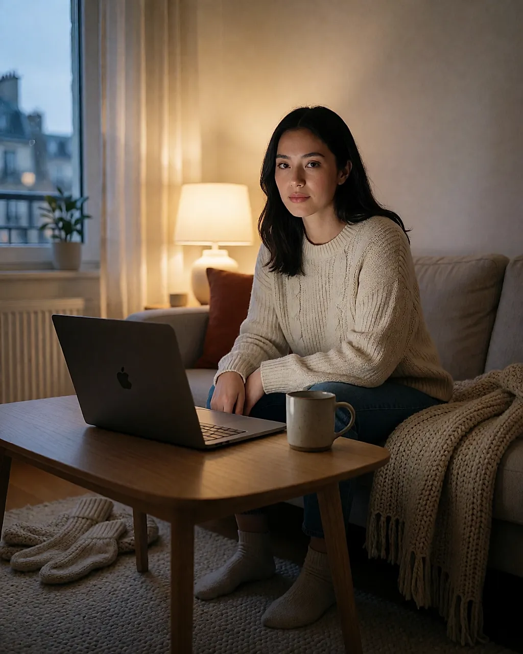 Living room at dusk, laptop open on the coffee table, throw and mug
