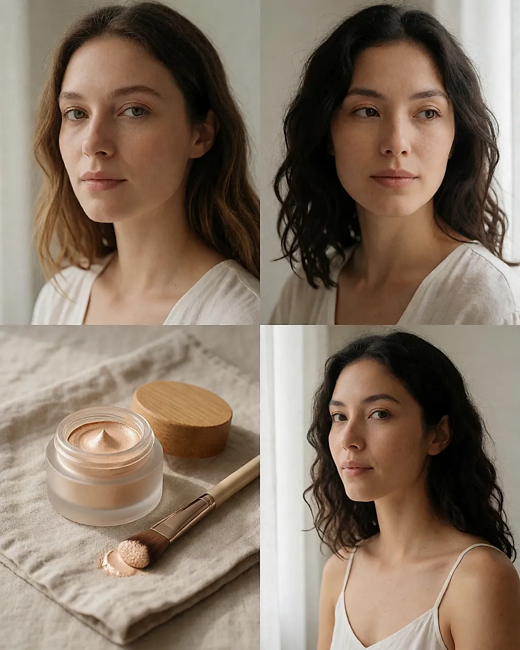 Cream highlighter in a frosted glass pot and brush on beige linen
