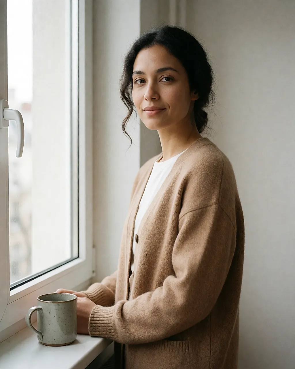 Woman in a camel cardigan standing by a window in a bright flat