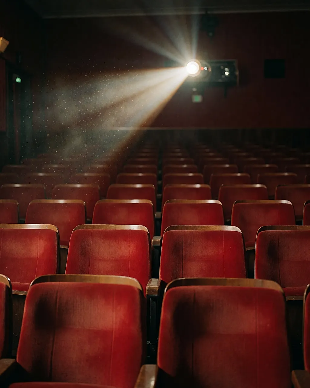 Empty old cinema, red velvet seats and a projector beam