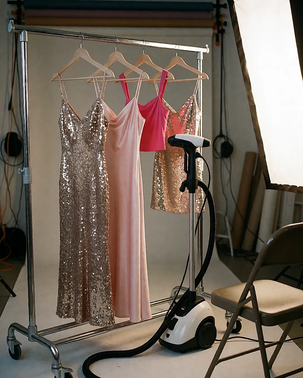 Backstage at a shoot: rail of sequinned dresses, steamer and softbox