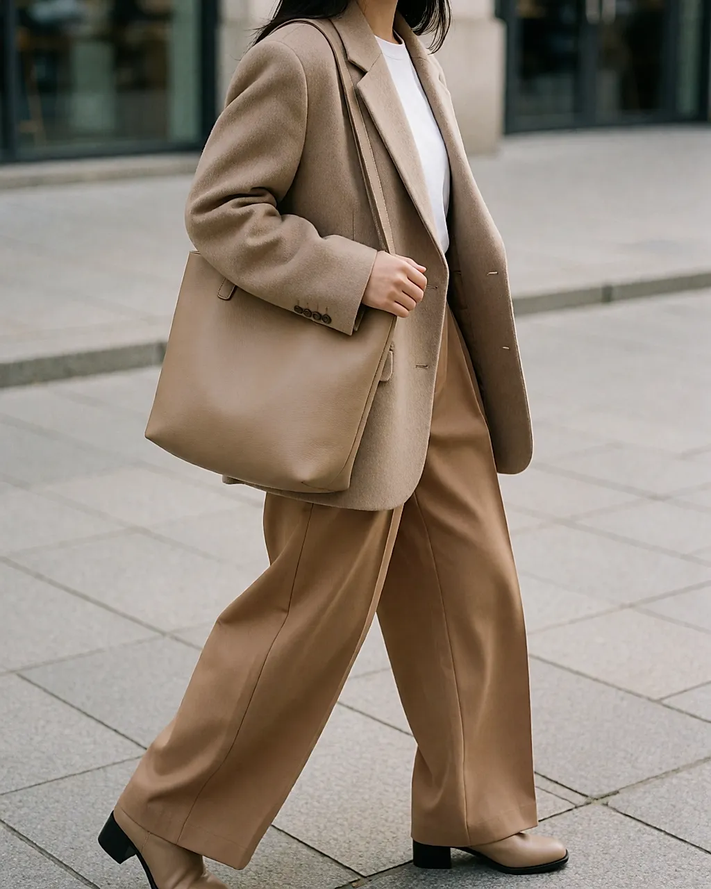 Woman from behind in an oversized beige blazer and loose trousers on the street