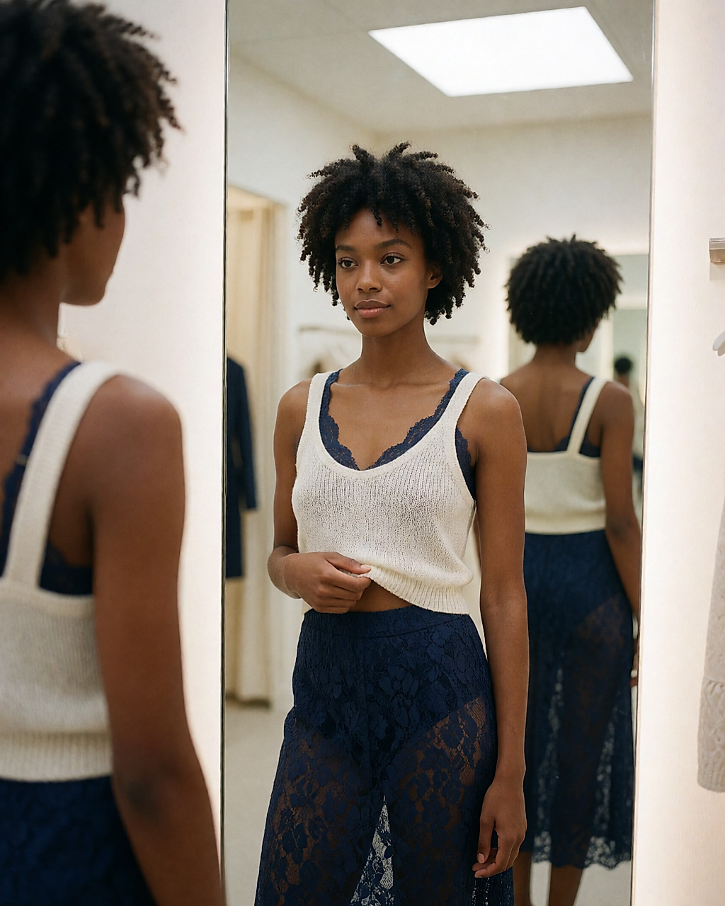 Jeune femme en cabine d'essayage, lingerie bleu nuit en dentelle sous une maille fine ivoire